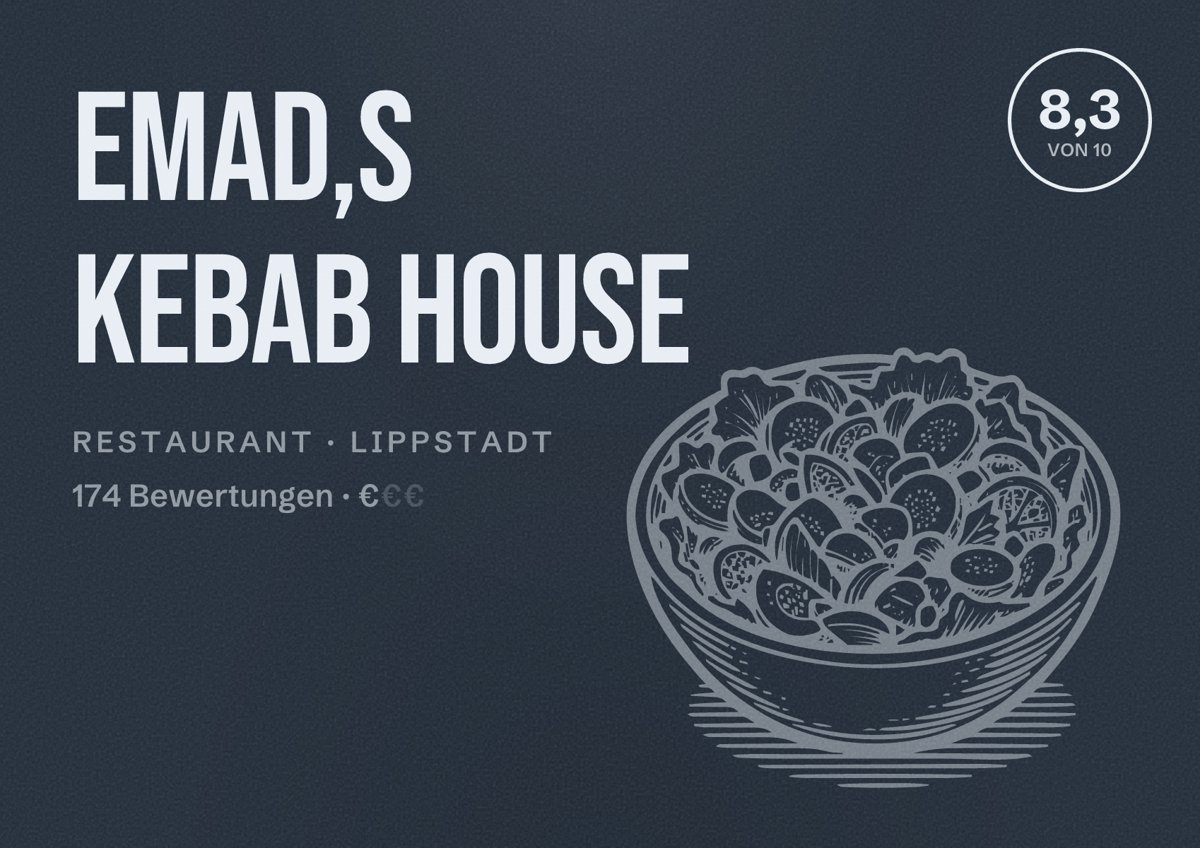 Illustriertes Poster von Emad,s kebab House, Restaurant in Lippstadt: Bewertung 8,3 von 10 aus 174 Bewertungen, Preisniveau €