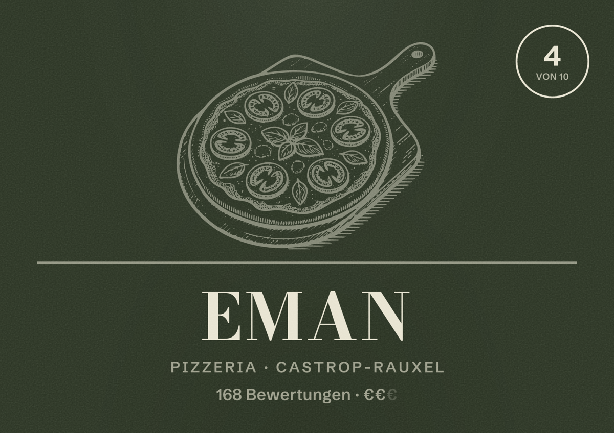 Illustriertes Poster von Eman, Pizzeria in Castrop-Rauxel: Bewertung 4 von 10 aus 168 Bewertungen, Preisniveau €€