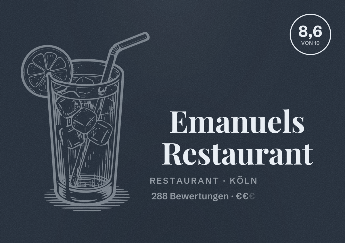 Illustriertes Poster von Emanuels Restaurant, Restaurant in Köln: Bewertung 8,6 von 10 aus 288 Bewertungen, Preisniveau €€
