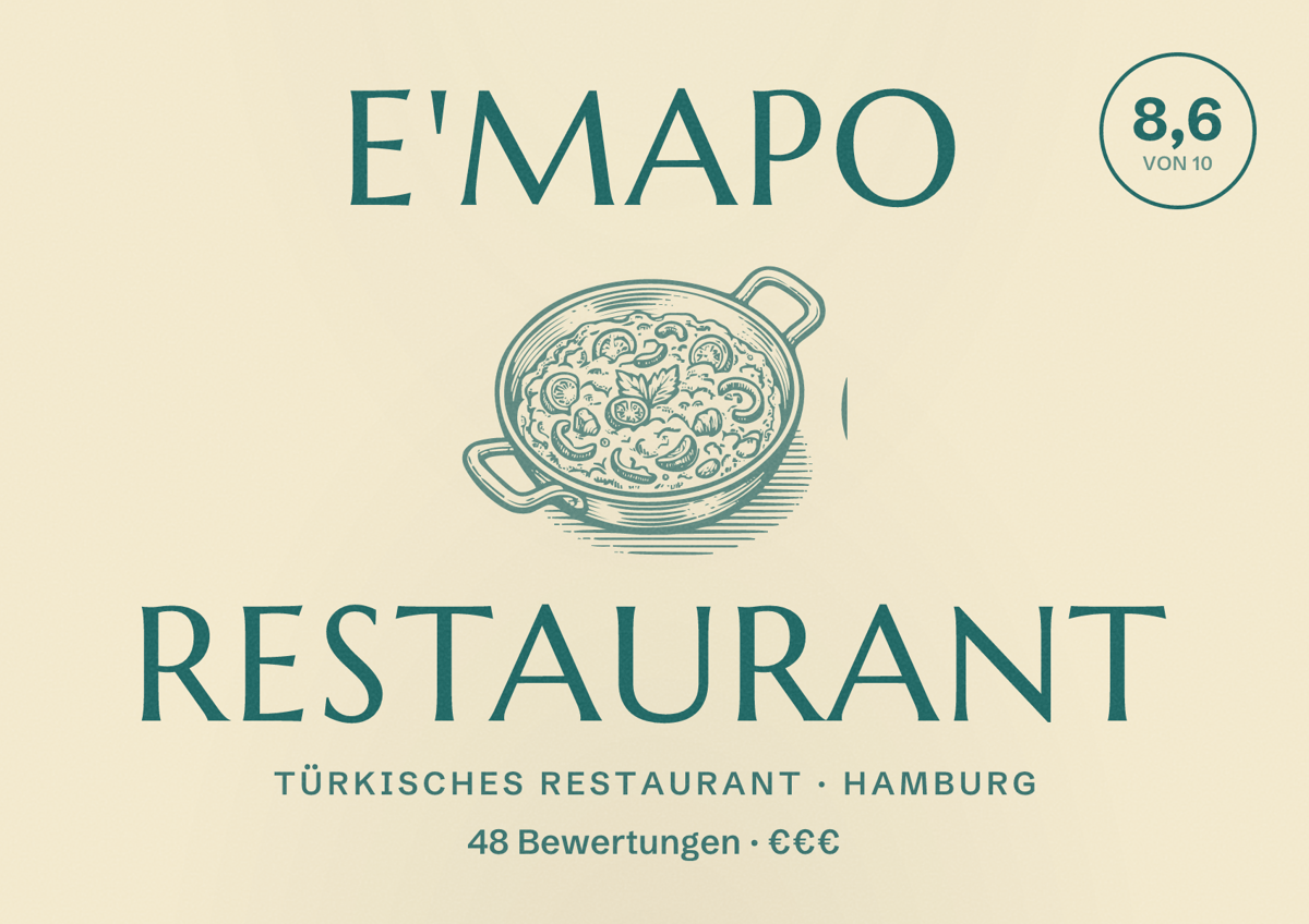 Illustriertes Poster von e'Mapo Restaurant, Türkisches Restaurant in Hamburg: Bewertung 8,6 von 10 aus 48 Bewertungen, Preisniveau €€€
