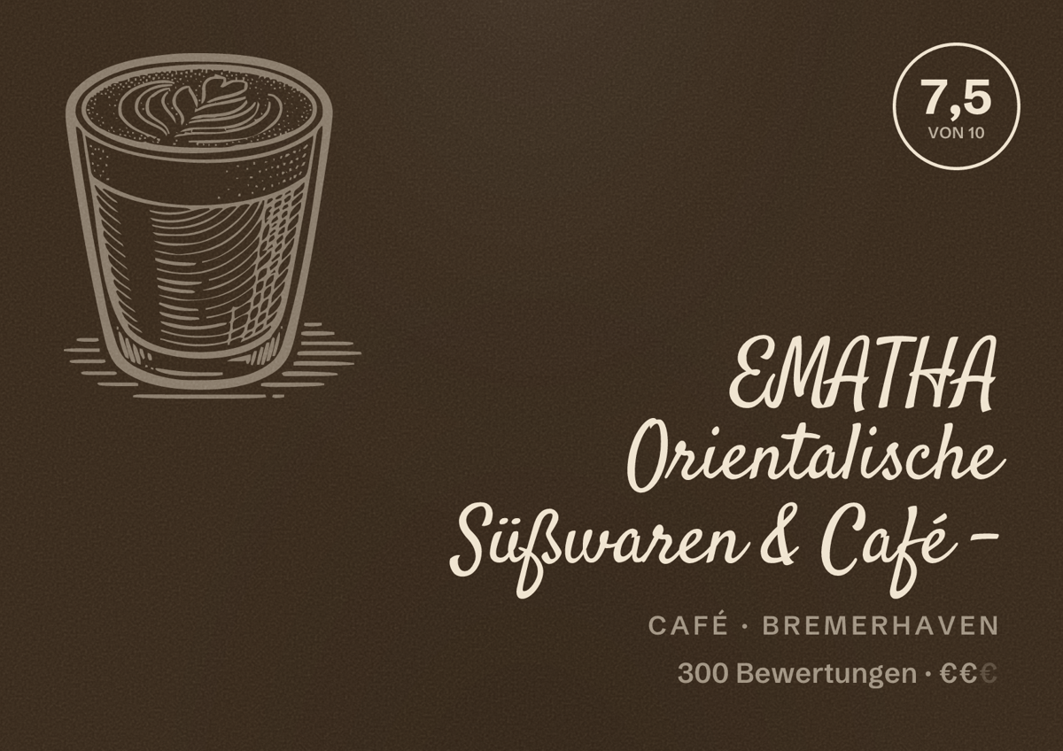 Illustriertes Poster von EMATHA Orientalische Süßwaren & Café -, Café in Bremerhaven: Bewertung 7,5 von 10 aus 300 Bewertungen, Preisniveau €€