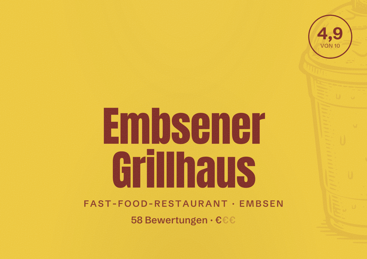 Illustriertes Poster von Embsener Grillhaus, Fast-Food-Restaurant in Embsen: Bewertung 4,9 von 10 aus 58 Bewertungen, Preisniveau €