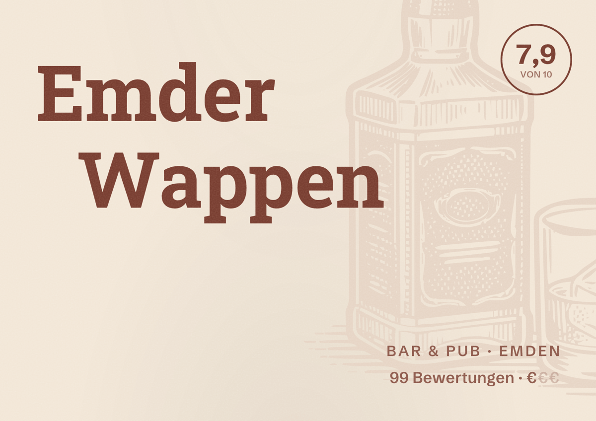 Illustriertes Poster von Emder Wappen, Bar & Pub in Emden: Bewertung 7,9 von 10 aus 99 Bewertungen, Preisniveau €