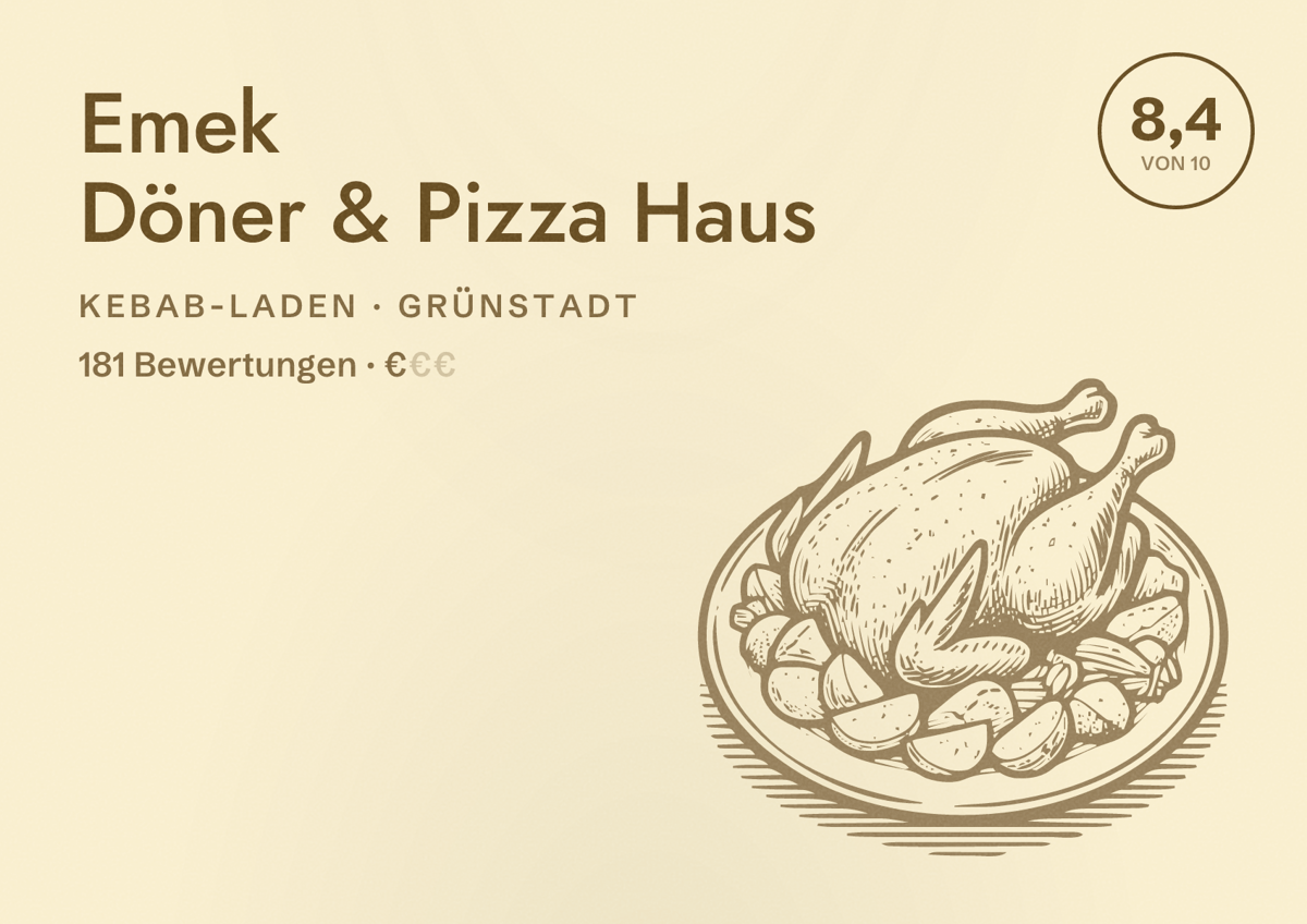 Illustriertes Poster von Emek Döner & Pizza Haus, Kebab-Laden in Grünstadt: Bewertung 8,4 von 10 aus 181 Bewertungen, Preisniveau €
