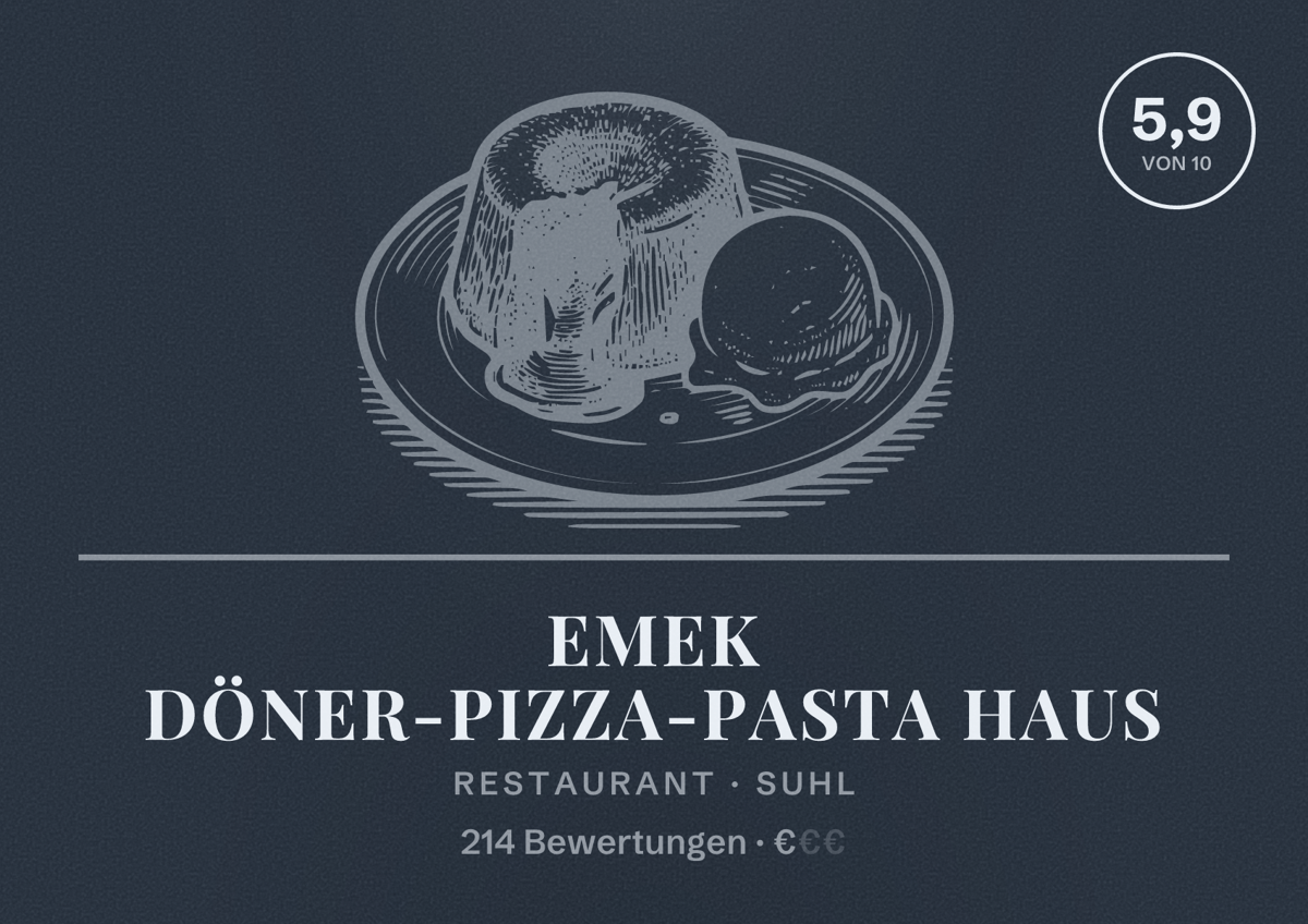 Illustriertes Poster von EMEK Döner-Pizza-Pasta Haus, Restaurant in Suhl: Bewertung 5,9 von 10 aus 214 Bewertungen, Preisniveau €