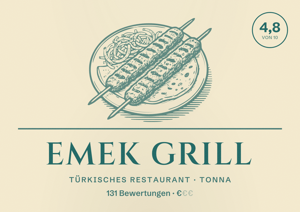 Illustriertes Poster von Emek Grill, Türkisches Restaurant in Tonna: Bewertung 4,8 von 10 aus 131 Bewertungen, Preisniveau €