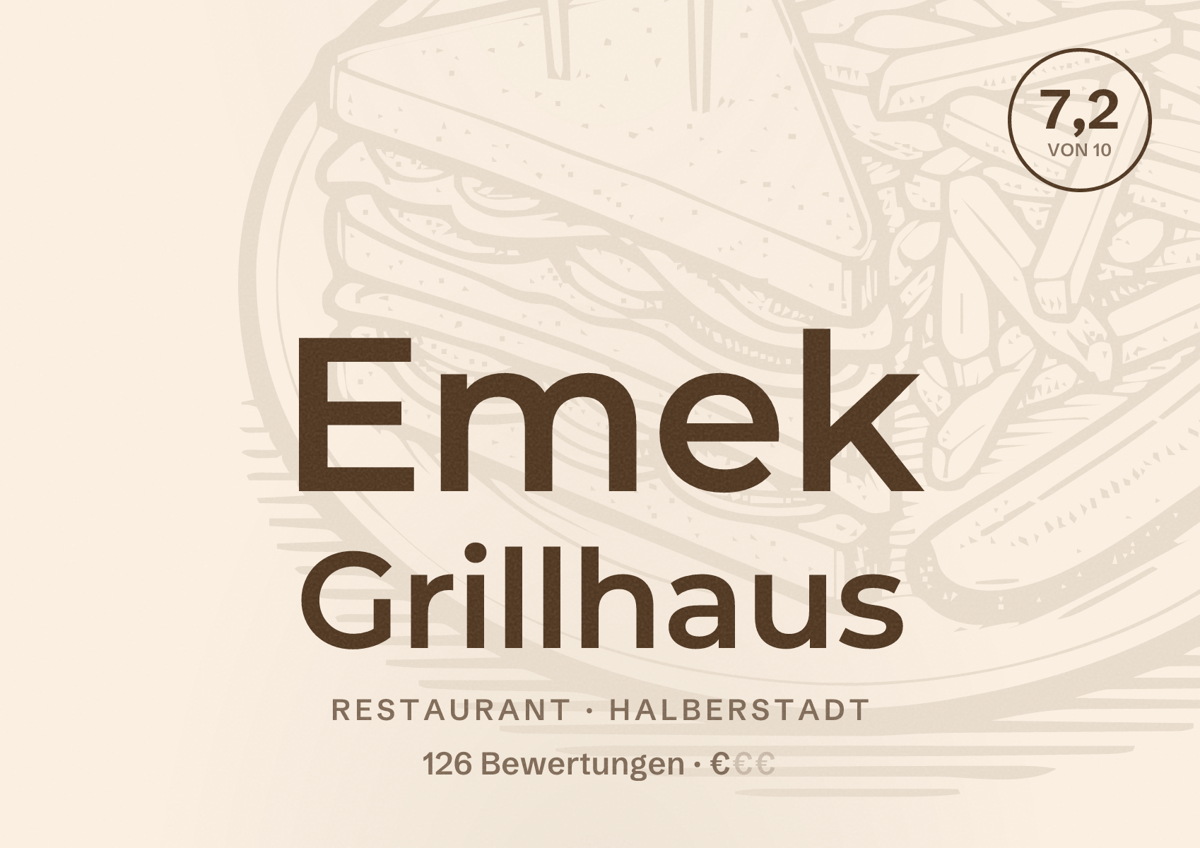 Illustriertes Poster von Emek Grillhaus, Restaurant in Halberstadt: Bewertung 7,2 von 10 aus 126 Bewertungen, Preisniveau €