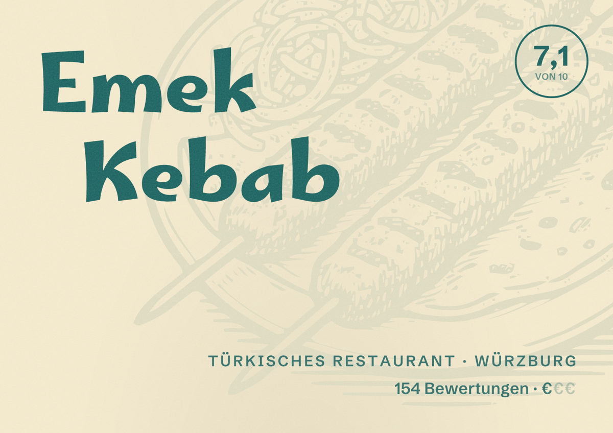 Illustriertes Poster von Emek Kebab, Türkisches Restaurant in Würzburg: Bewertung 7,1 von 10 aus 154 Bewertungen, Preisniveau €