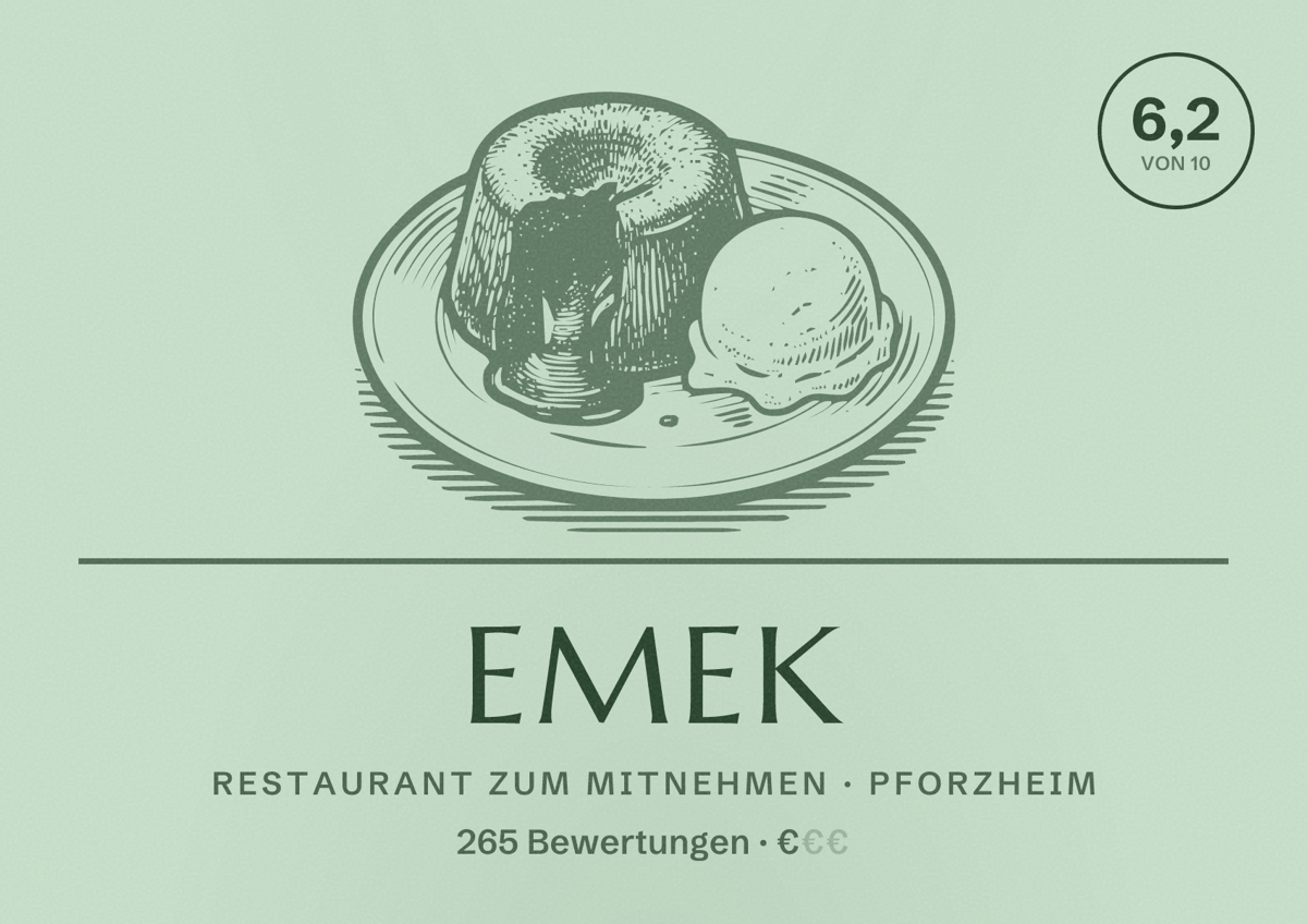 Illustriertes Poster von Emek, Restaurant zum Mitnehmen in Pforzheim: Bewertung 6,2 von 10 aus 265 Bewertungen, Preisniveau €