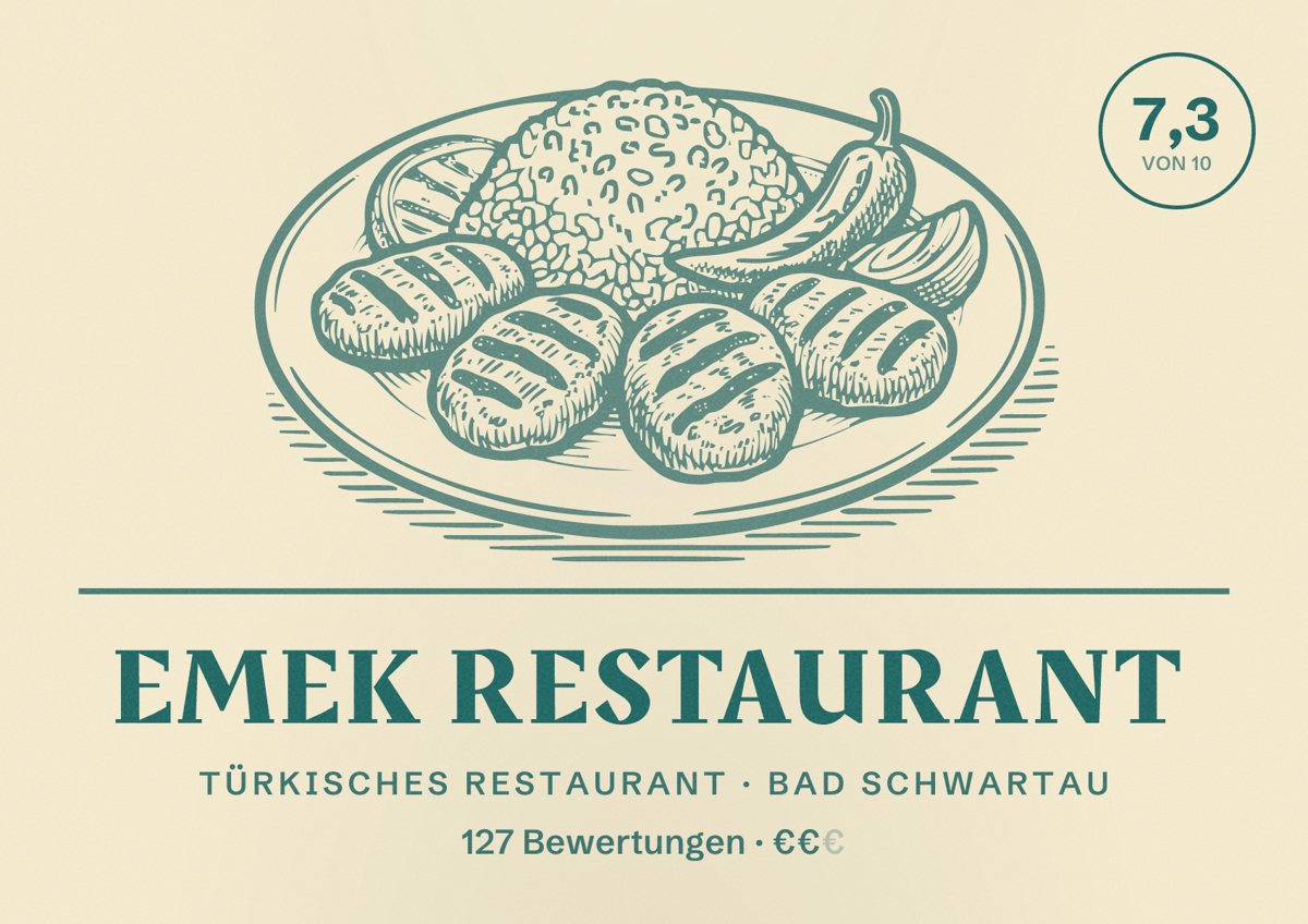 Illustriertes Poster von Emek Restaurant, Türkisches Restaurant in Bad Schwartau: Bewertung 7,3 von 10 aus 127 Bewertungen, Preisniveau €€