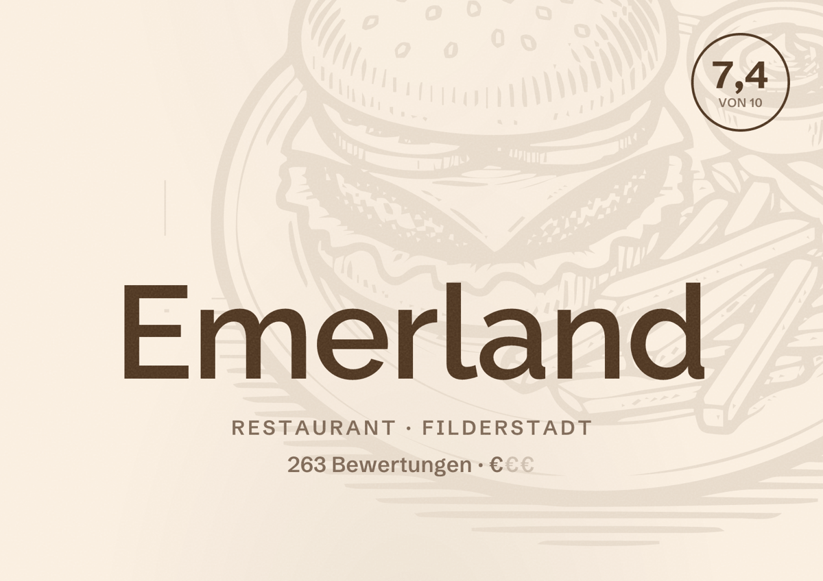 Illustriertes Poster von Emerland, Restaurant in Filderstadt: Bewertung 7,4 von 10 aus 263 Bewertungen, Preisniveau €