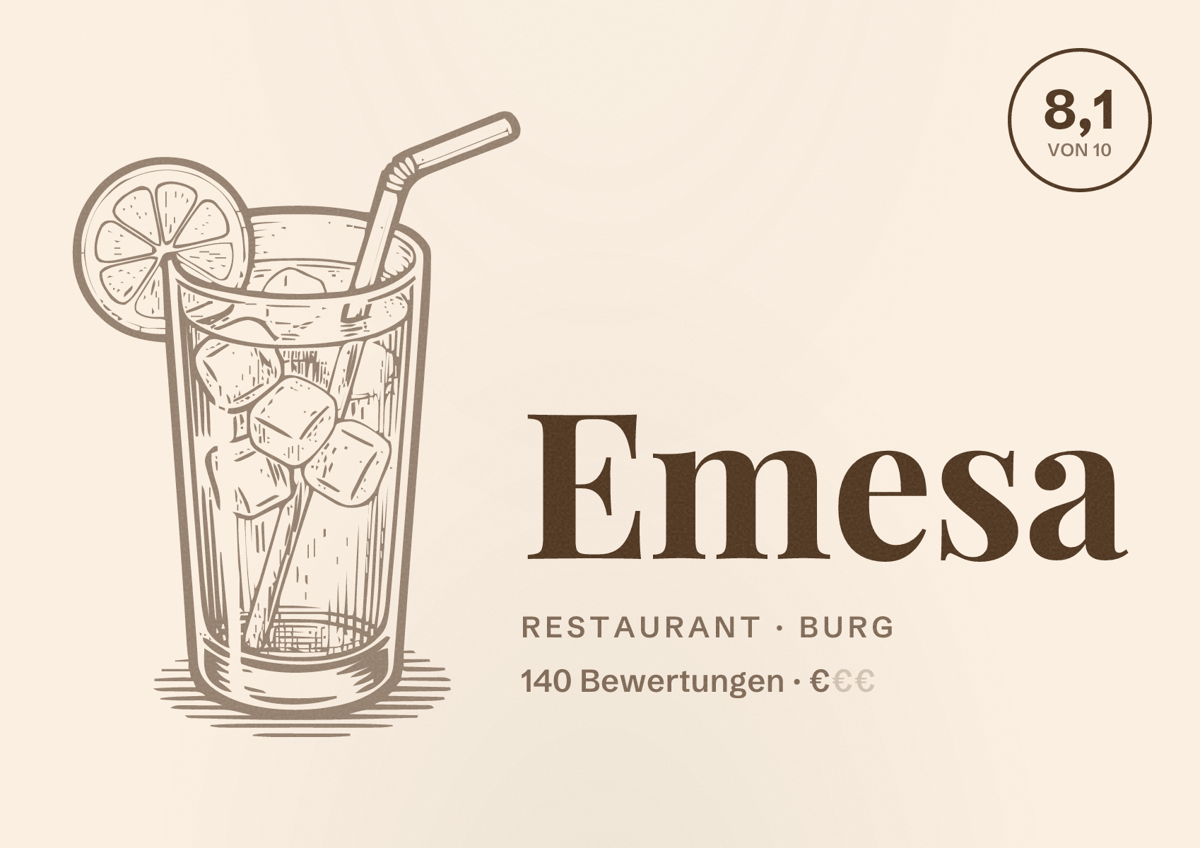 Illustriertes Poster von Emesa, Restaurant in Burg: Bewertung 8,1 von 10 aus 140 Bewertungen, Preisniveau €