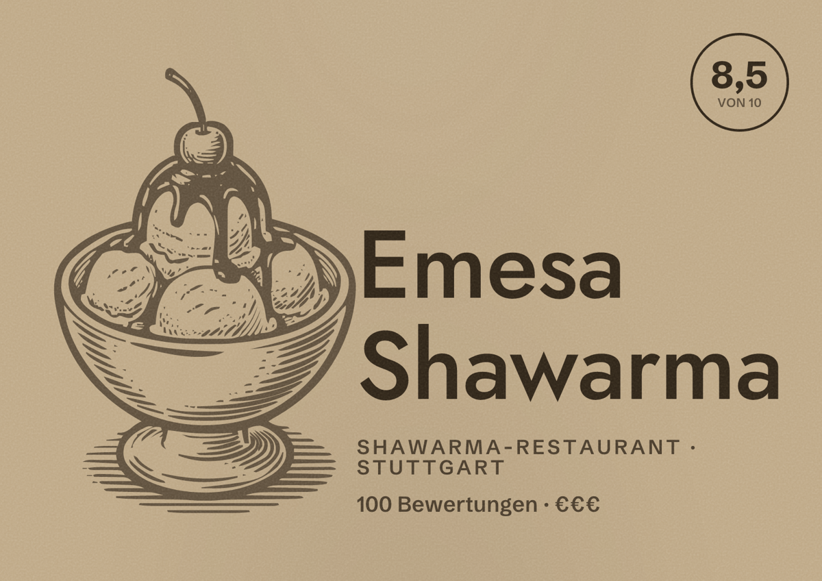 Illustriertes Poster von Emesa Shawarma, Shawarma-Restaurant in Stuttgart: Bewertung 8,5 von 10 aus 100 Bewertungen, Preisniveau €€€