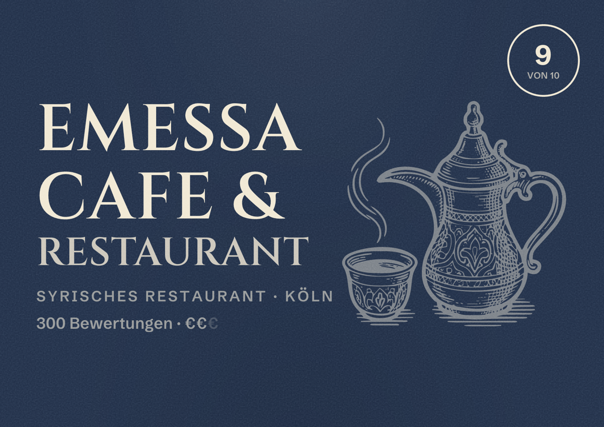Illustriertes Poster von Emessa Cafe & Restaurant, Syrisches Restaurant in Köln: Bewertung 9,0 von 10 aus 300 Bewertungen, Preisniveau €€