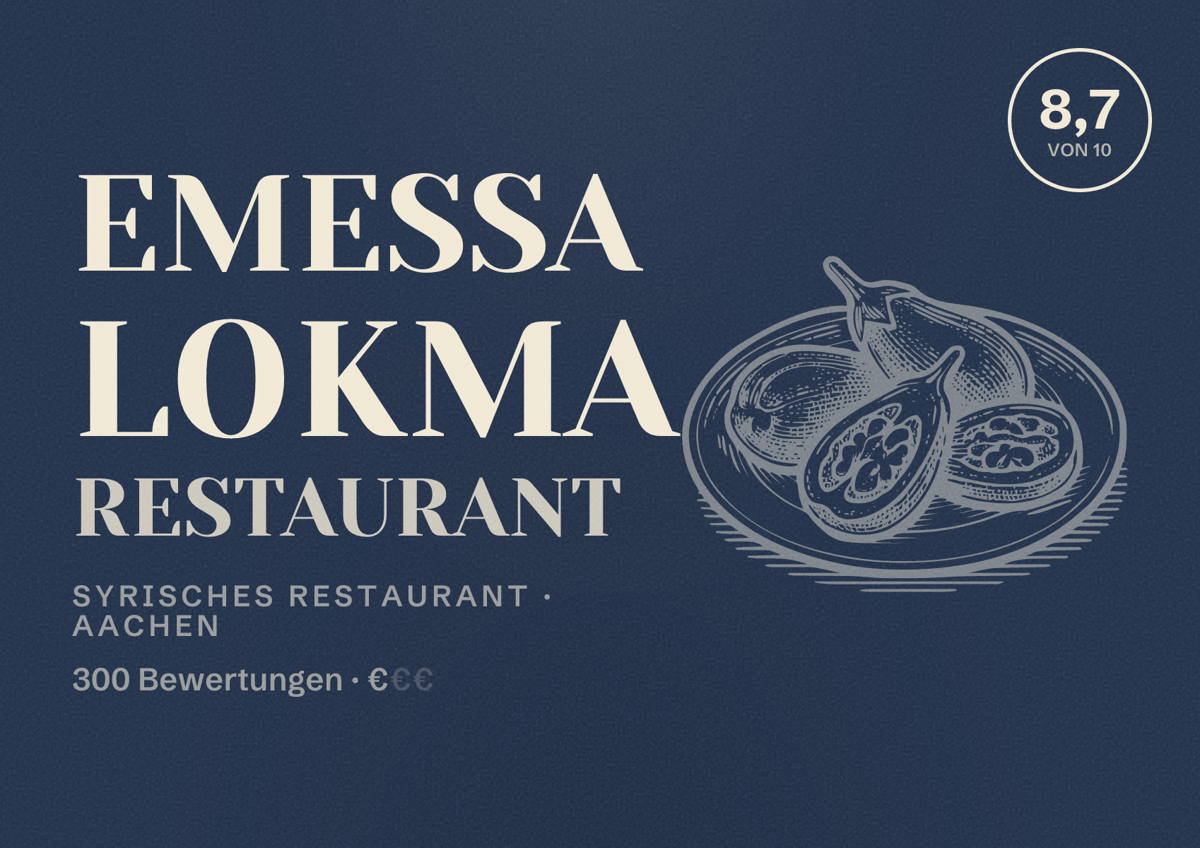 Illustriertes Poster von Emessa Lokma Restaurant, Syrisches Restaurant in Aachen: Bewertung 8,7 von 10 aus 300 Bewertungen, Preisniveau €