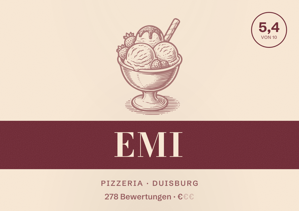 Illustriertes Poster von Emi, Pizzeria in Duisburg: Bewertung 5,4 von 10 aus 278 Bewertungen, Preisniveau €