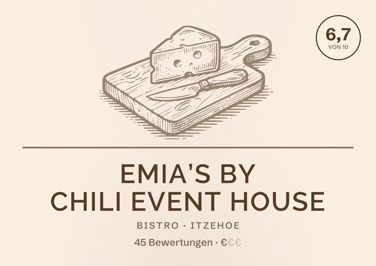 Illustriertes Poster von Emia’s By Chili Event House, Bistro in Itzehoe: Bewertung 6,7 von 10 aus 45 Bewertungen, Preisniveau €
