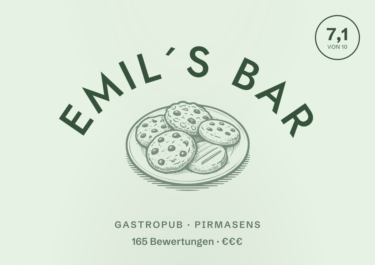 Illustriertes Poster von Emil´s Bar, Gastropub in Pirmasens: Bewertung 7,1 von 10 aus 165 Bewertungen, Preisniveau €€€
