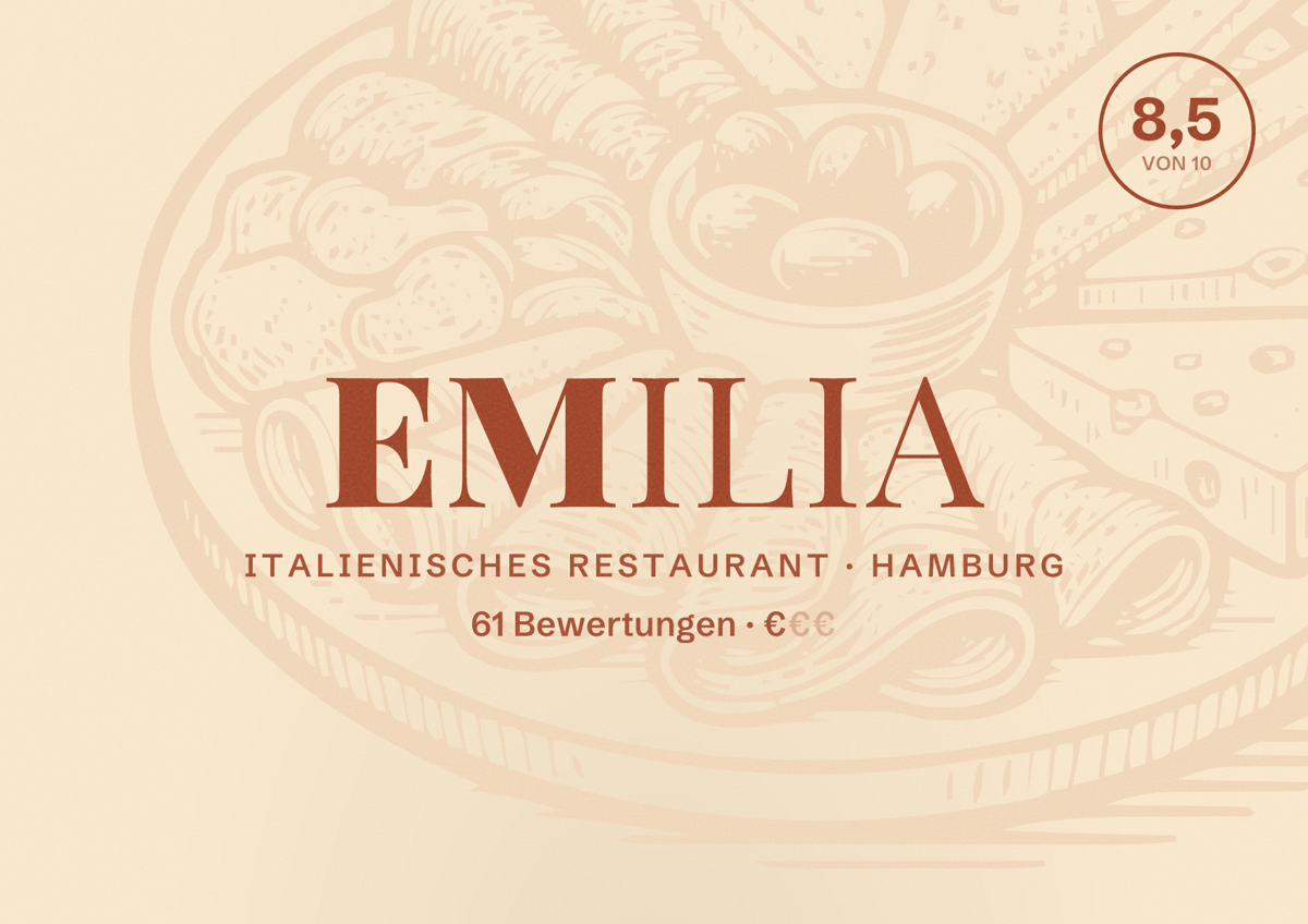 Illustriertes Poster von Emilia, Italienisches Restaurant in Hamburg: Bewertung 8,5 von 10 aus 61 Bewertungen, Preisniveau €