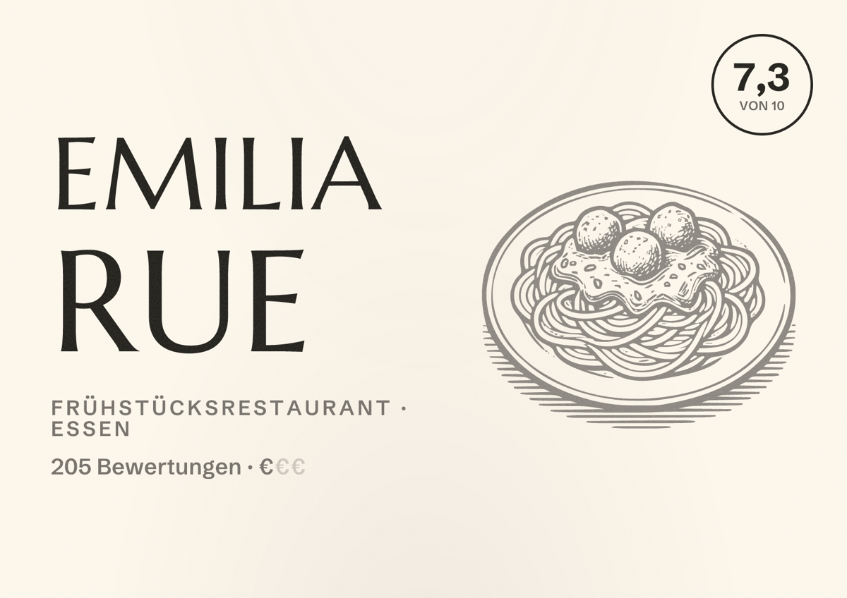 Illustriertes Poster von Emilia RUE, Frühstücksrestaurant in Essen: Bewertung 7,3 von 10 aus 205 Bewertungen, Preisniveau €