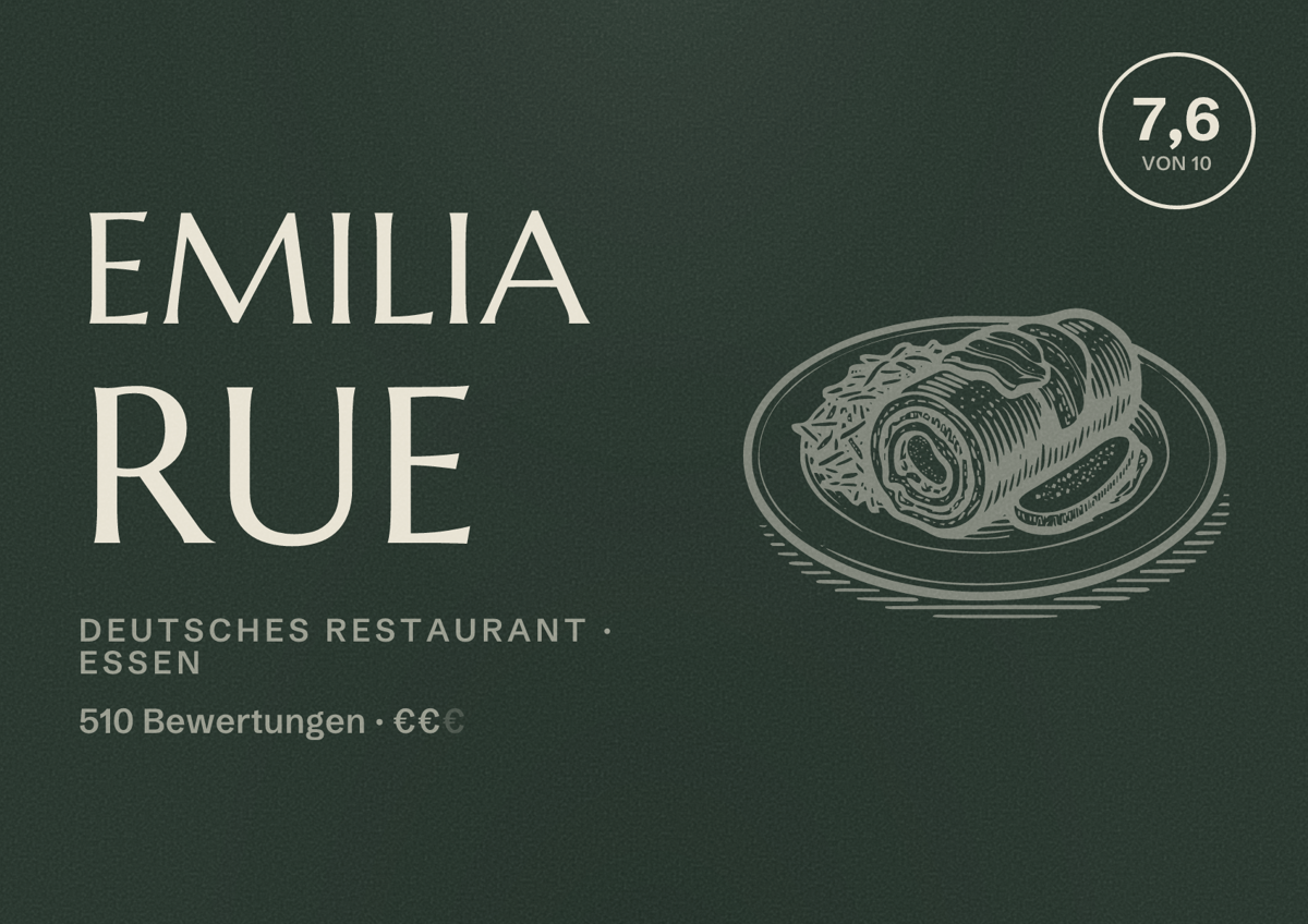 Illustriertes Poster von Emilia RUE, Deutsches Restaurant in Essen: Bewertung 7,6 von 10 aus 510 Bewertungen, Preisniveau €€