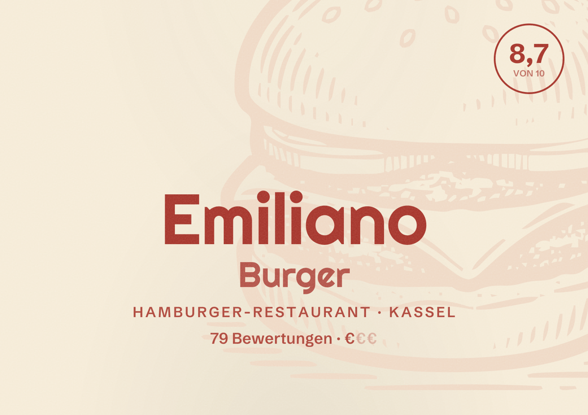 Illustriertes Poster von Emiliano Burger, Hamburger-Restaurant in Kassel: Bewertung 8,7 von 10 aus 79 Bewertungen, Preisniveau €