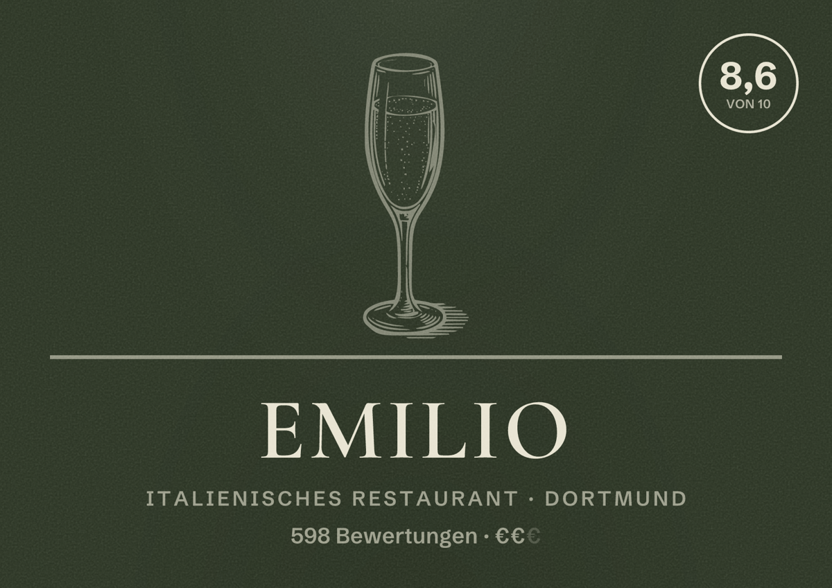 Illustriertes Poster von Emilio, Italienisches Restaurant in Dortmund: Bewertung 8,6 von 10 aus 598 Bewertungen, Preisniveau €€