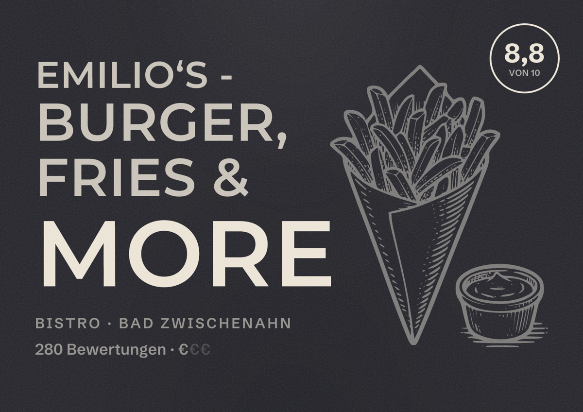 Illustriertes Poster von Emilio‘s - Burger, Fries & More, Bistro in Bad Zwischenahn: Bewertung 8,8 von 10 aus 280 Bewertungen, Preisniveau €