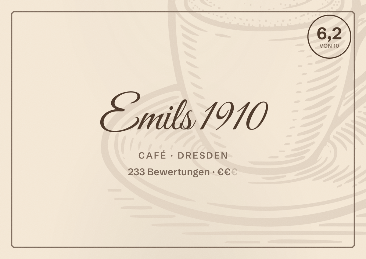 Illustriertes Poster von Emils 1910, Café in Dresden: Bewertung 6,2 von 10 aus 233 Bewertungen, Preisniveau €€