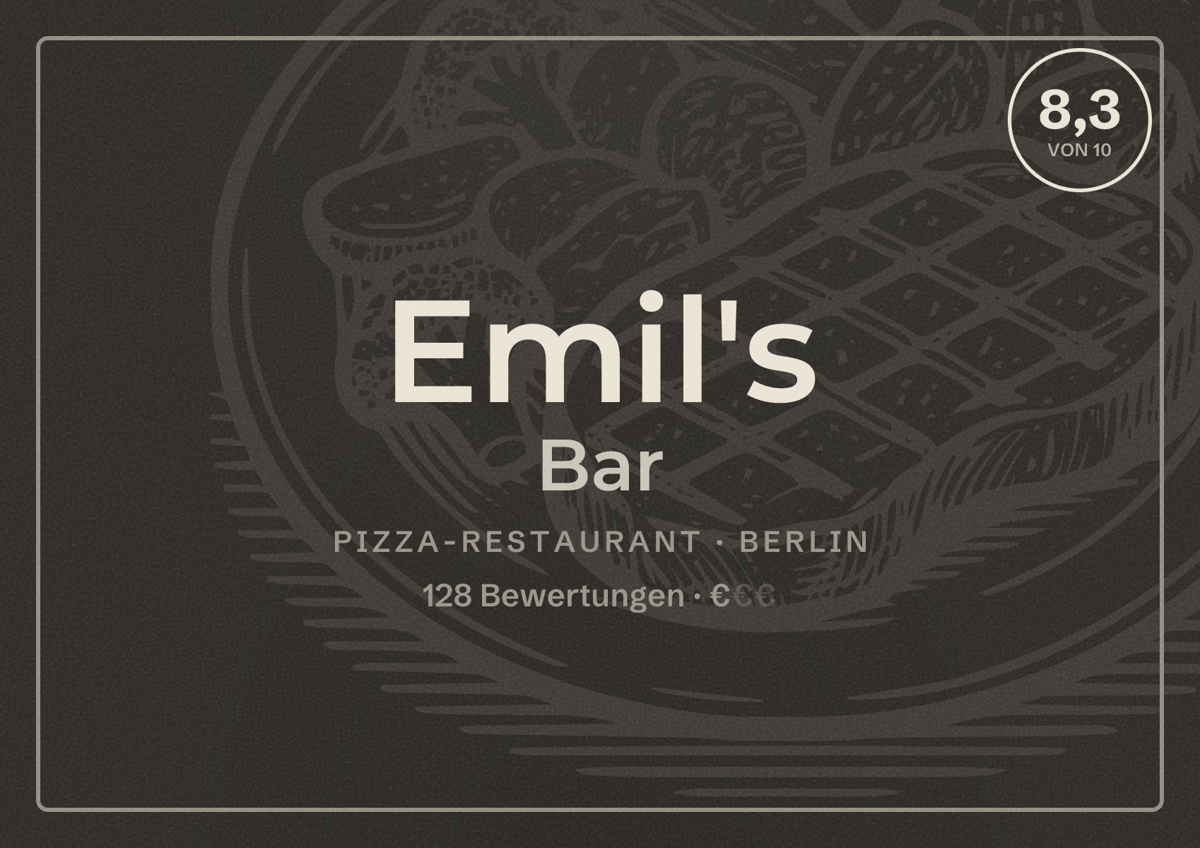 Illustriertes Poster von Emil's Bar, Pizza-Restaurant in Berlin: Bewertung 8,3 von 10 aus 128 Bewertungen, Preisniveau €