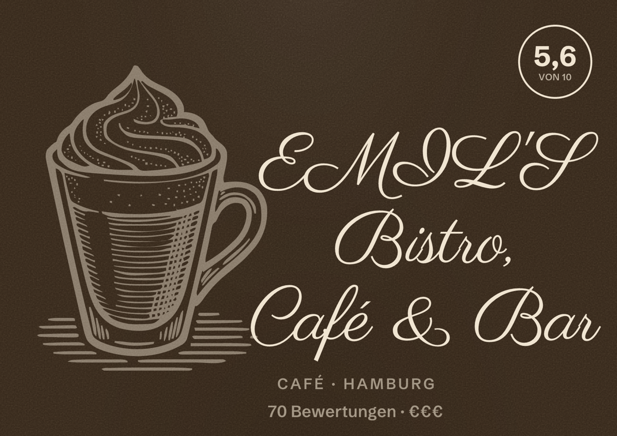 Illustriertes Poster von EMIL'S Bistro, Café & Bar, Café in Hamburg: Bewertung 5,6 von 10 aus 70 Bewertungen, Preisniveau €€€
