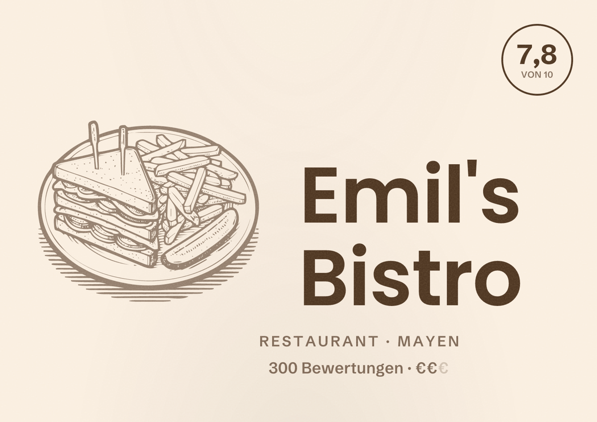 Illustriertes Poster von Emil's Bistro, Restaurant in Mayen: Bewertung 7,8 von 10 aus 300 Bewertungen, Preisniveau €€