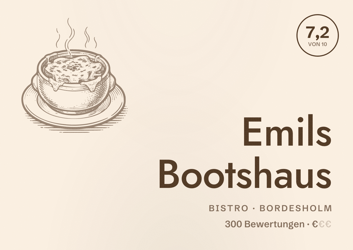 Illustriertes Poster von Emils Bootshaus, Bistro in Bordesholm: Bewertung 7,2 von 10 aus 300 Bewertungen, Preisniveau €