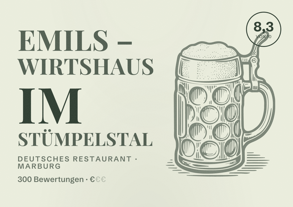 Illustriertes Poster von EMILS – Wirtshaus im Stümpelstal, Deutsches Restaurant in Marburg: Bewertung 8,3 von 10 aus 300 Bewertungen, Preisniveau €