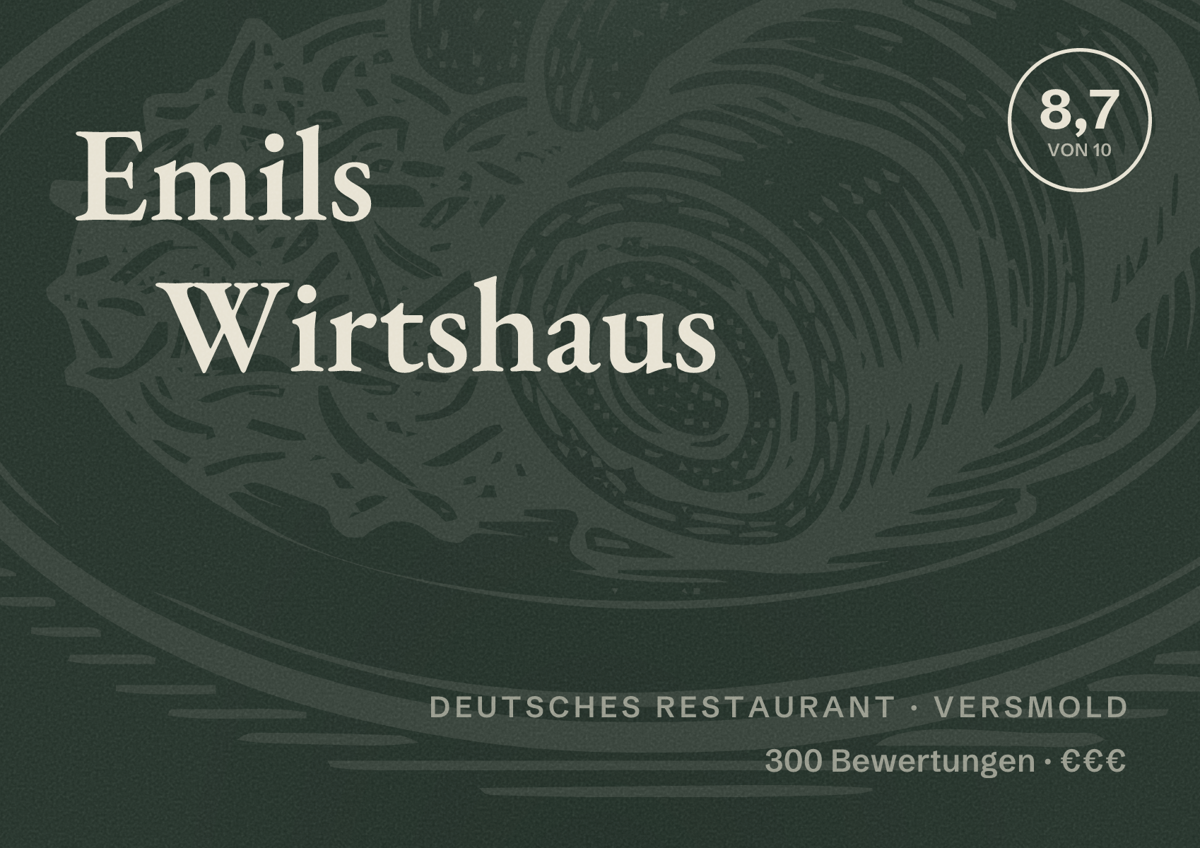 Illustriertes Poster von Emils Wirtshaus, Deutsches Restaurant in Versmold: Bewertung 8,7 von 10 aus 300 Bewertungen, Preisniveau €€€