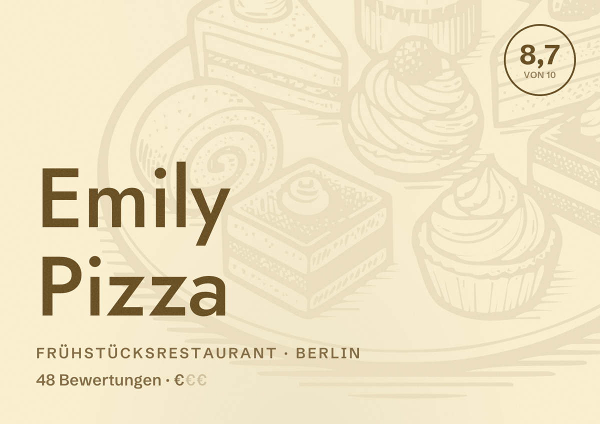 Illustriertes Poster von Emily Pizza, Frühstücksrestaurant in Berlin: Bewertung 8,7 von 10 aus 48 Bewertungen, Preisniveau €