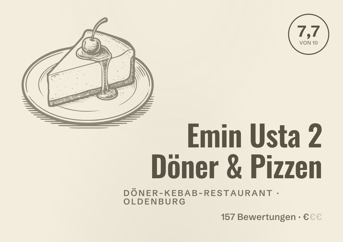 Illustriertes Poster von Emin Usta 2 Döner & Pizzen, Döner-Kebab-Restaurant in Oldenburg: Bewertung 7,7 von 10 aus 157 Bewertungen, Preisniveau €