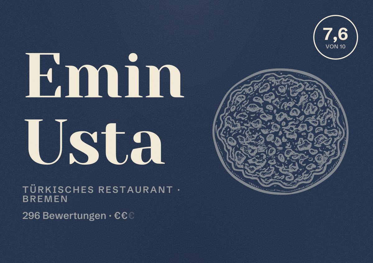 Illustriertes Poster von Emin Usta, Türkisches Restaurant in Bremen: Bewertung 7,6 von 10 aus 296 Bewertungen, Preisniveau €€