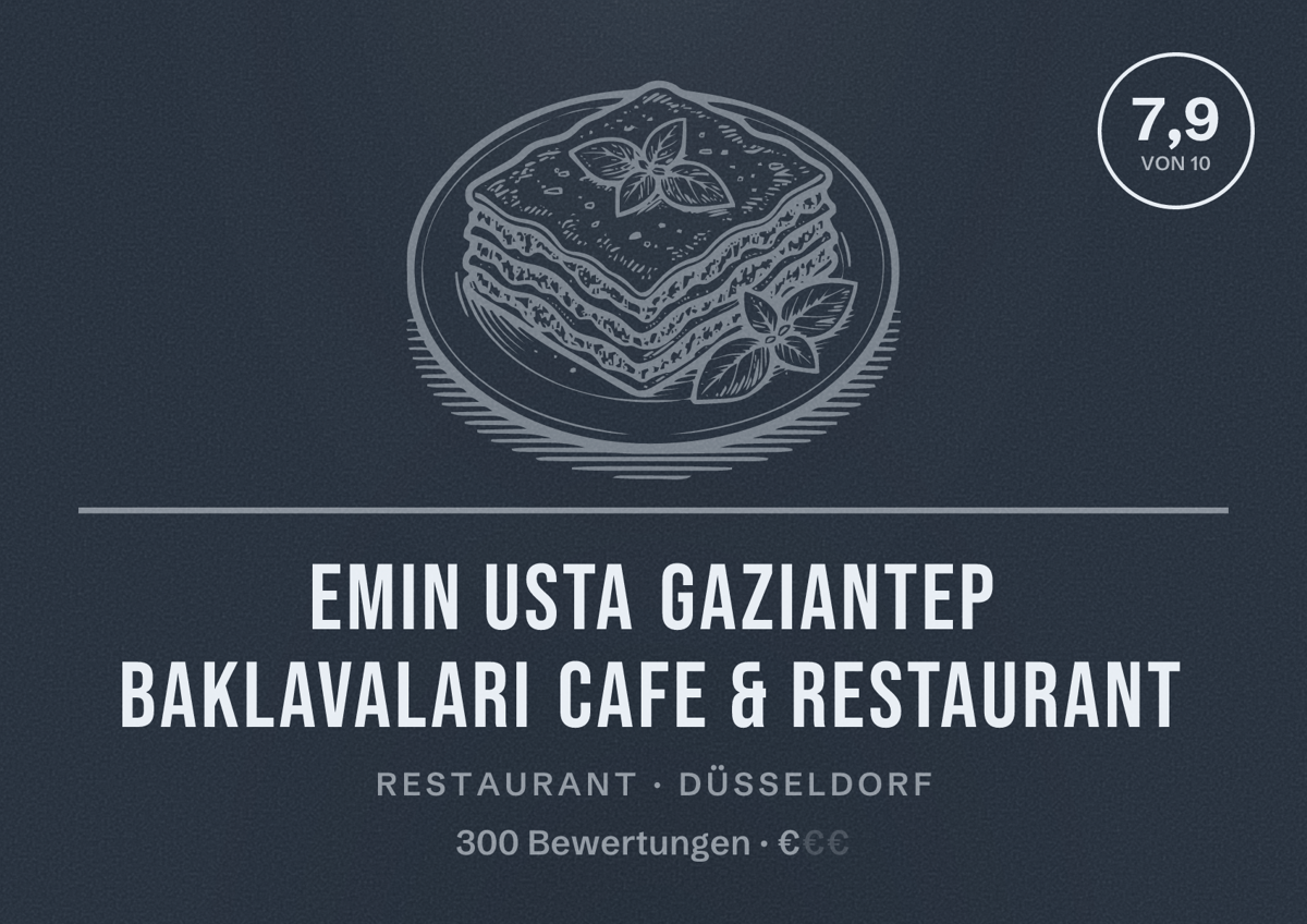 Illustriertes Poster von Emin Usta Gaziantep Baklavaları Cafe & Restaurant, Restaurant in Düsseldorf: Bewertung 7,9 von 10 aus 300 Bewertungen, Preisniveau €