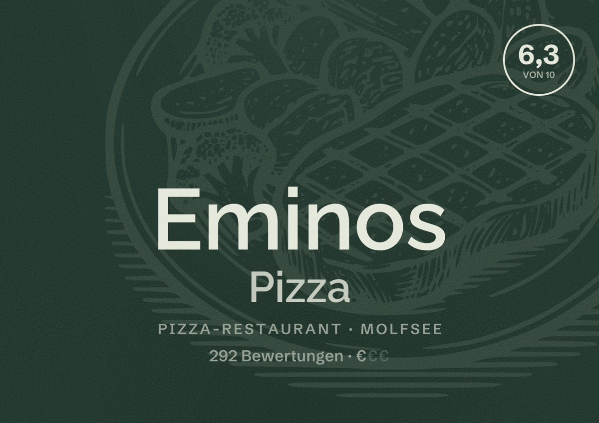 Illustriertes Poster von Eminos Pizza, Pizza-Restaurant in Molfsee: Bewertung 6,3 von 10 aus 292 Bewertungen, Preisniveau €