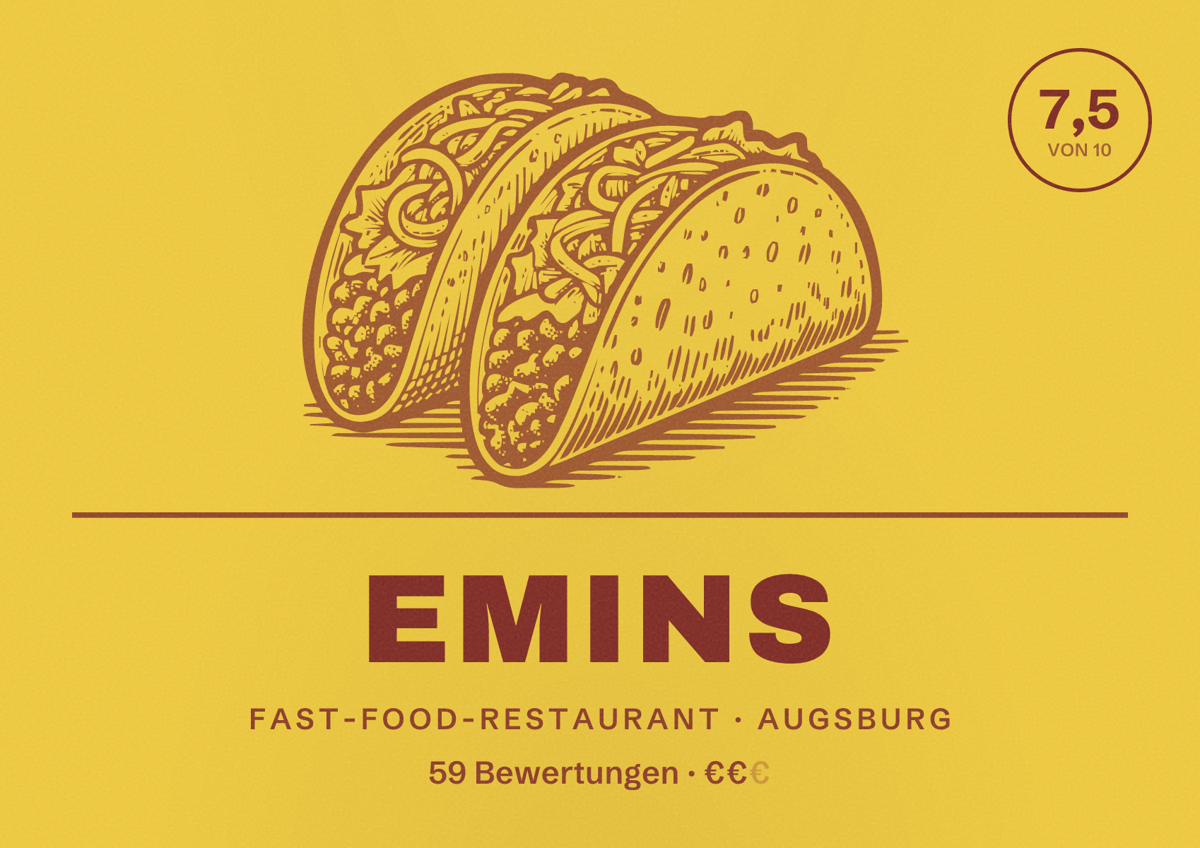 Illustriertes Poster von emins, Fast-Food-Restaurant in Augsburg: Bewertung 7,5 von 10 aus 59 Bewertungen, Preisniveau €€