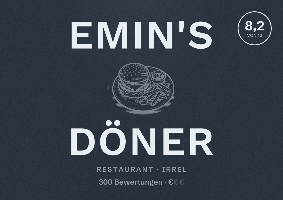 Illustriertes Poster von Emin's Döner, Restaurant in Irrel: Bewertung 8,2 von 10 aus 300 Bewertungen, Preisniveau €