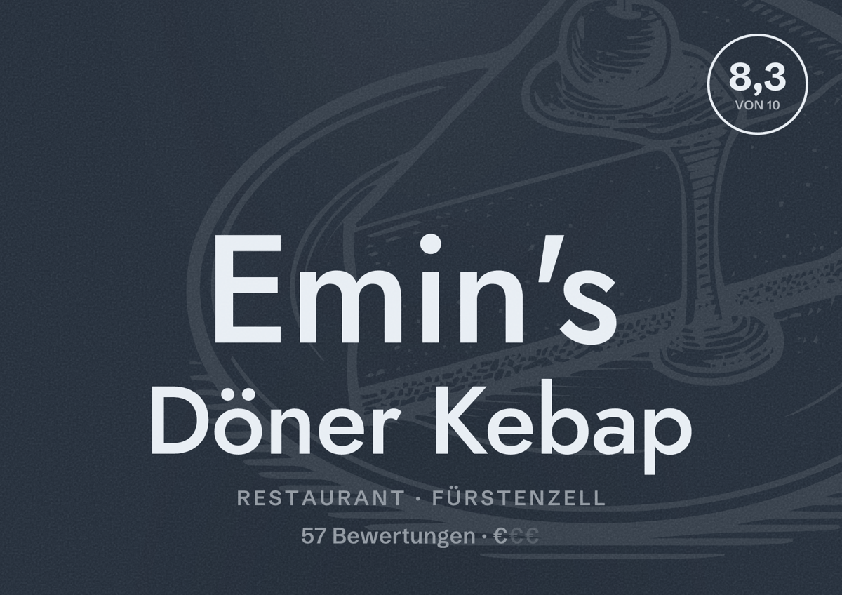 Illustriertes Poster von Emin's Döner Kebap, Restaurant in Fürstenzell: Bewertung 8,3 von 10 aus 57 Bewertungen, Preisniveau €