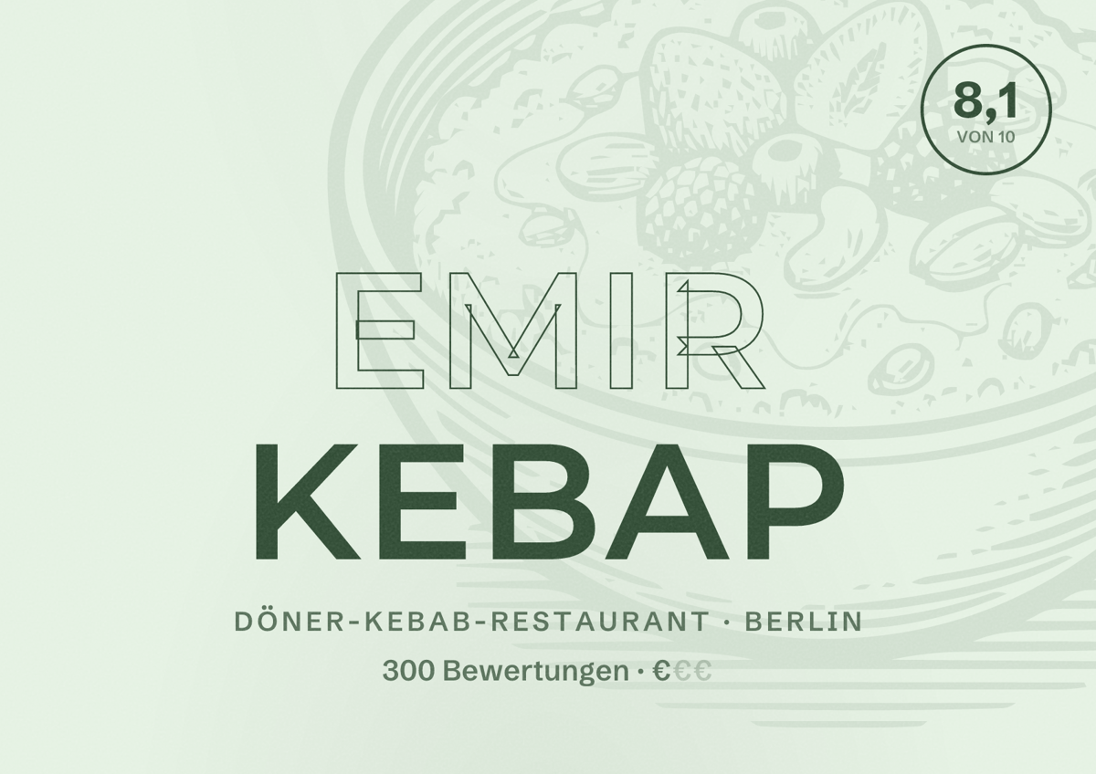 Illustriertes Poster von Emir Kebap, Döner-Kebab-Restaurant in Berlin: Bewertung 8,1 von 10 aus 300 Bewertungen, Preisniveau €