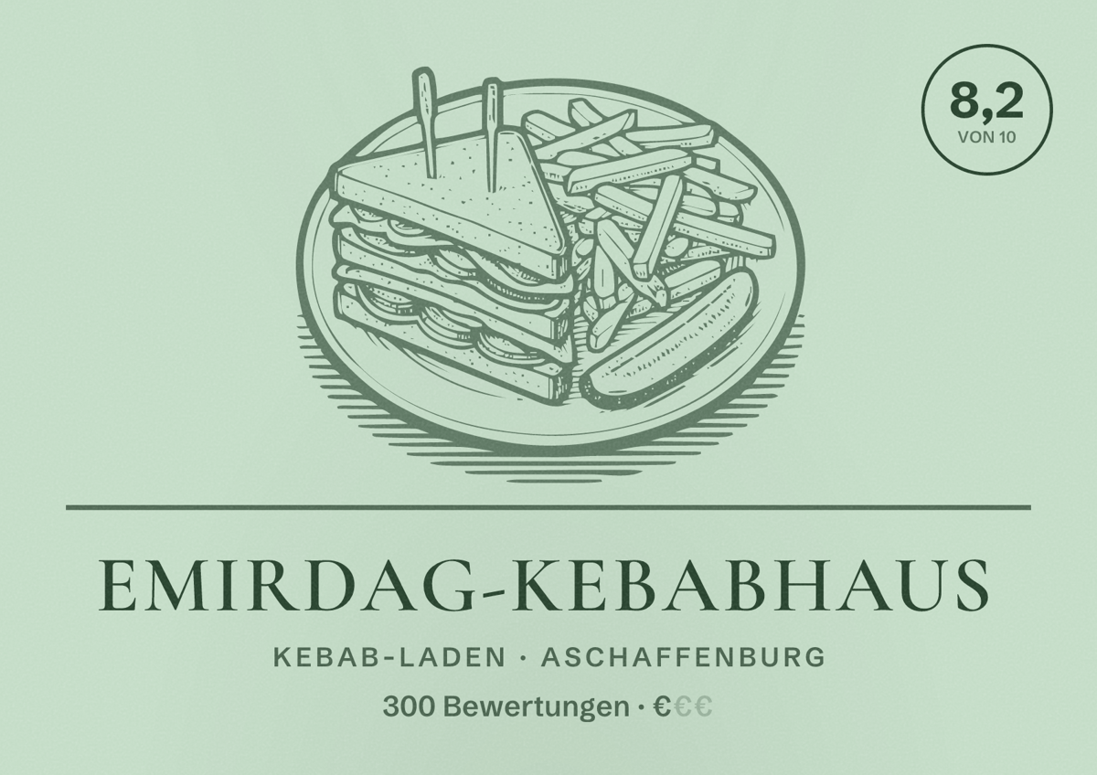 Illustriertes Poster von Emirdag-Kebabhaus, Kebab-Laden in Aschaffenburg: Bewertung 8,2 von 10 aus 300 Bewertungen, Preisniveau €
