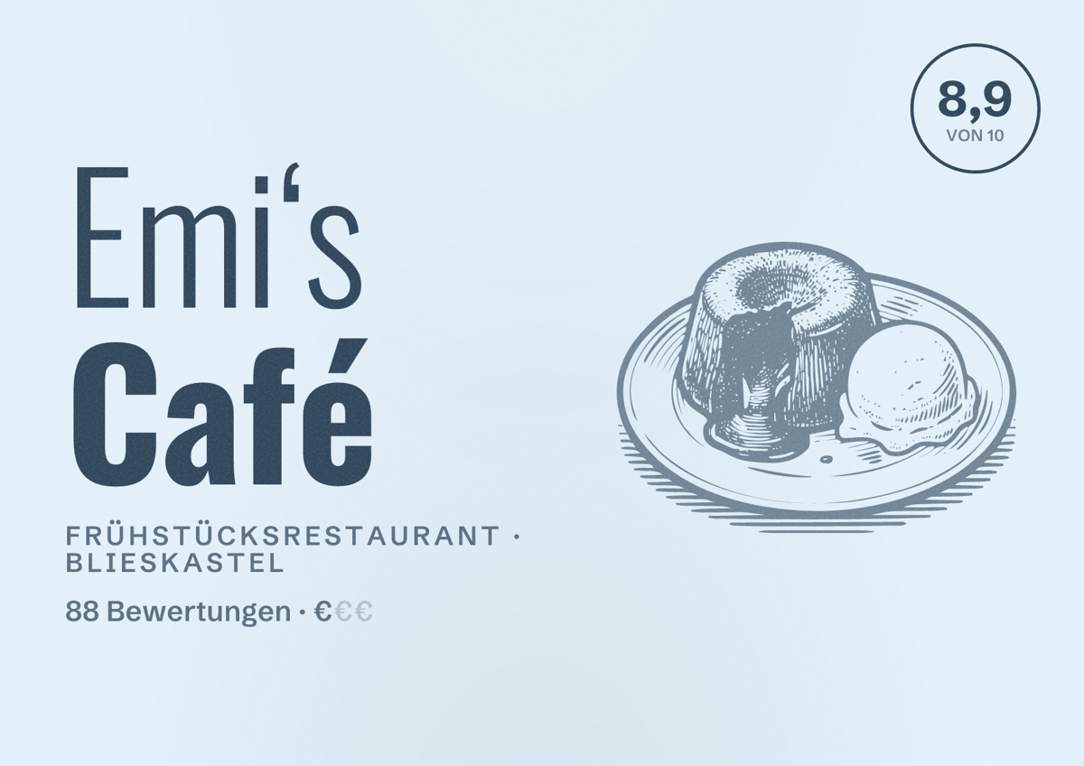 Illustriertes Poster von Emi‘s Café, Frühstücksrestaurant in Blieskastel: Bewertung 8,9 von 10 aus 88 Bewertungen, Preisniveau €