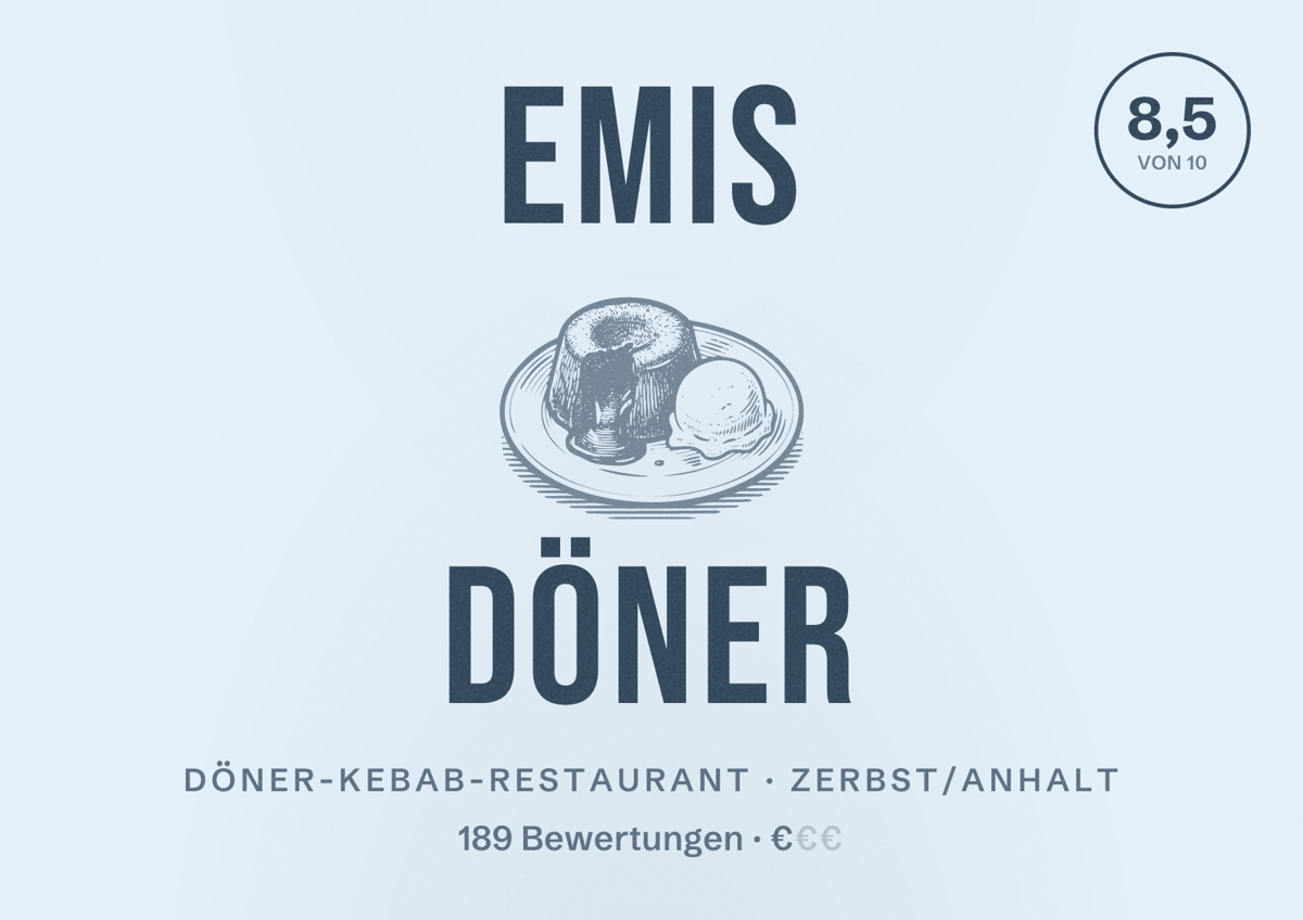 Illustriertes Poster von Emis Döner, Döner-Kebab-Restaurant in Zerbst/Anhalt: Bewertung 8,5 von 10 aus 189 Bewertungen, Preisniveau €