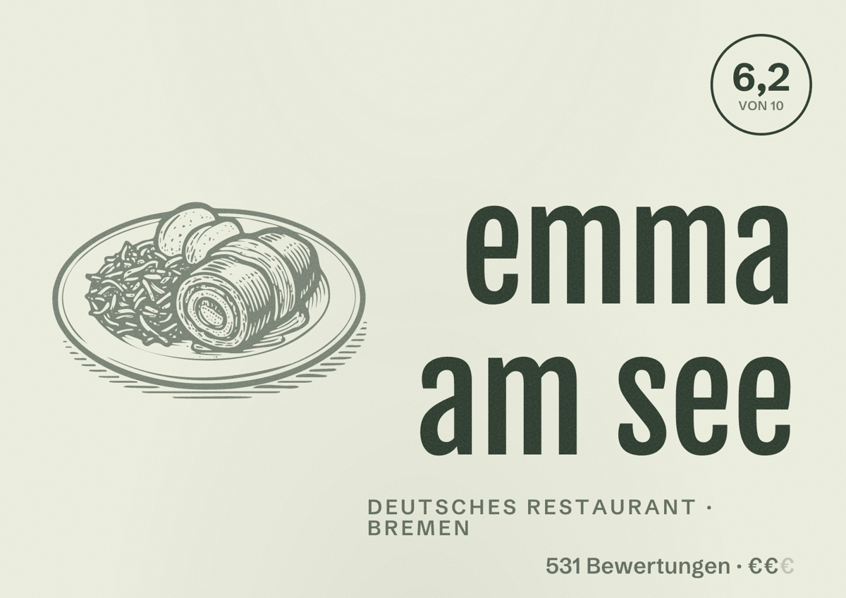 Illustriertes Poster von emma am see, Deutsches Restaurant in Bremen: Bewertung 6,2 von 10 aus 531 Bewertungen, Preisniveau €€