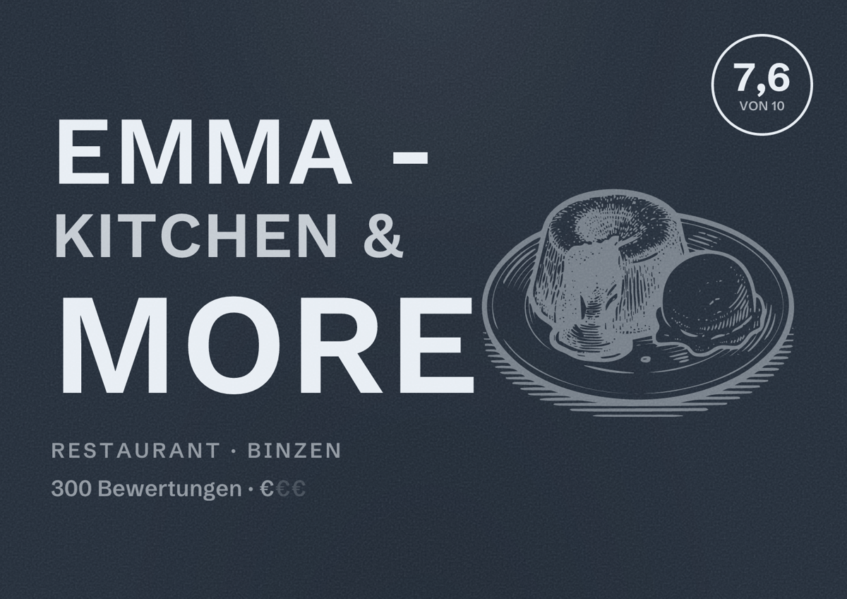 Illustriertes Poster von Emma - Kitchen & more, Restaurant in Binzen: Bewertung 7,6 von 10 aus 300 Bewertungen, Preisniveau €