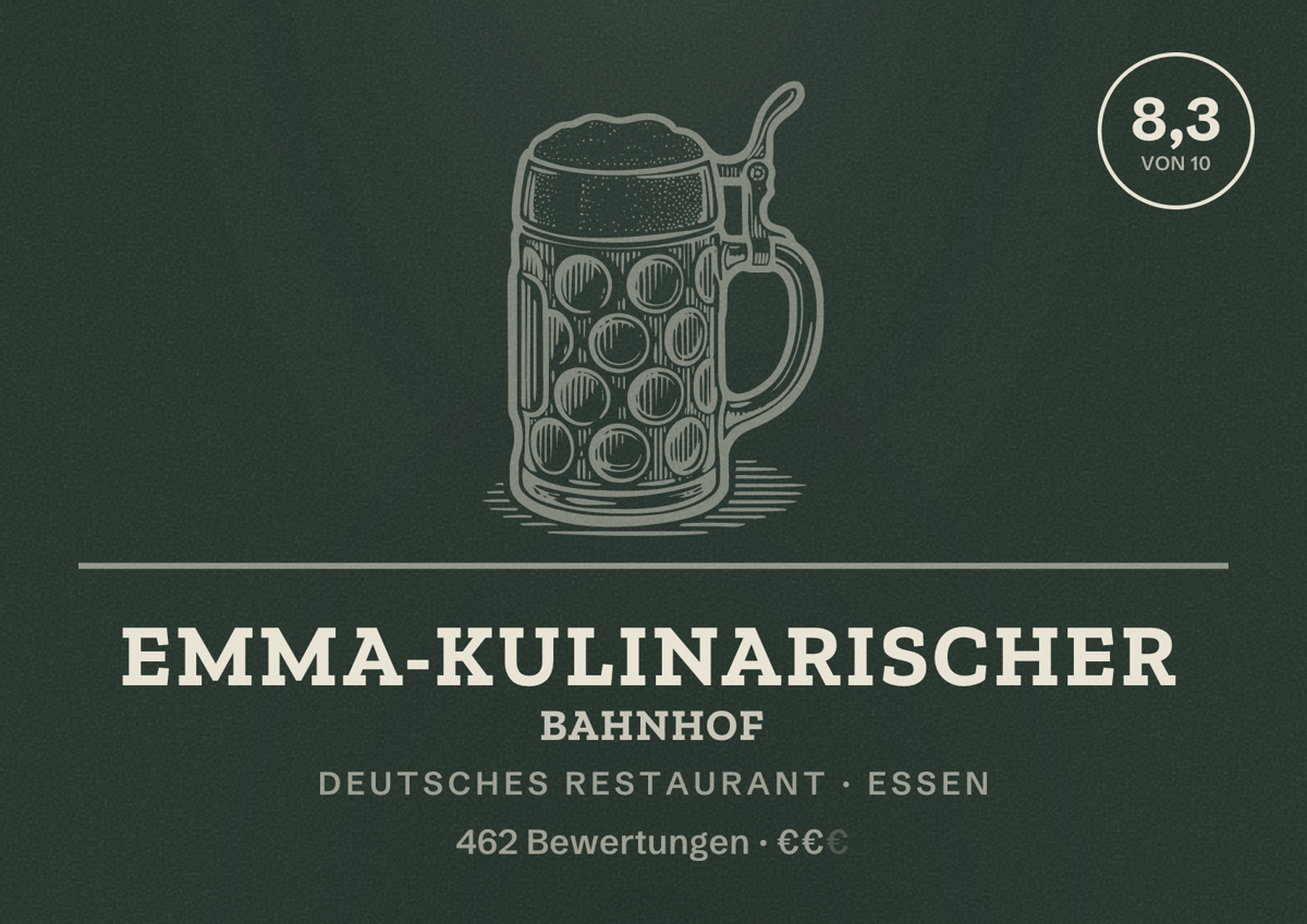 Illustriertes Poster von Emma-Kulinarischer Bahnhof, Deutsches Restaurant in Essen: Gästebewertung 8,3 von 10 aus 462 Bewertungen